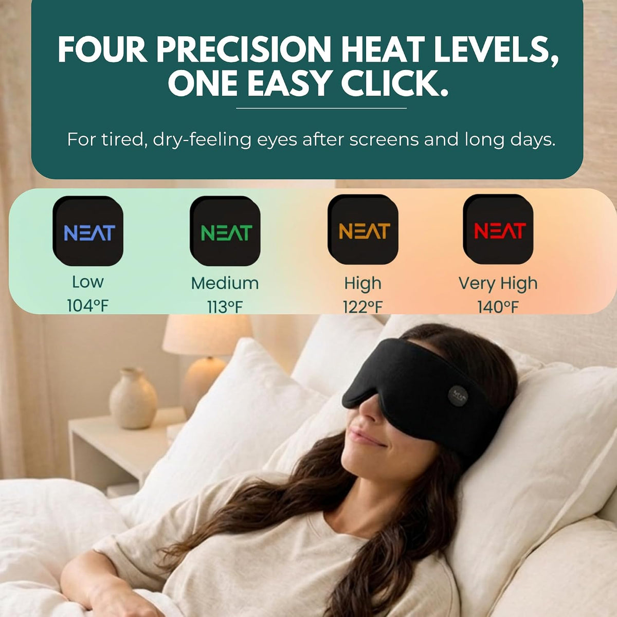 Heated Eye Mask – Cordless Electric Warm Eye Compress for Dry Eyes, Stye & Eye Strain Relief – 4 Heat Settings, Rechargeable, Light-Blocking, Blackout, Washable Cover (Black Night)